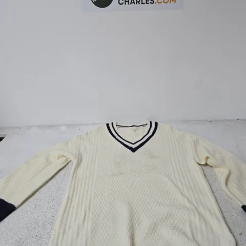 MONSOON KNIT V-NECK SWEATER – WHITE WITH NAVY TRIM, UK SIZE S