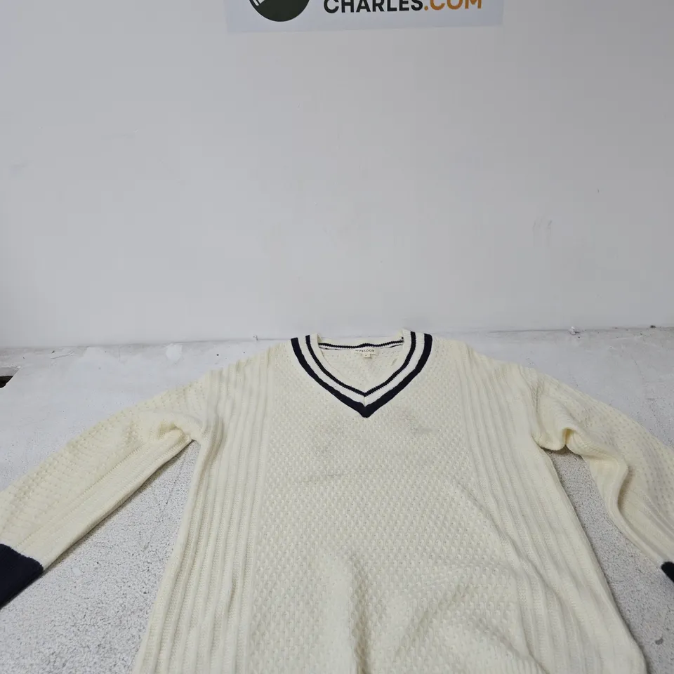 MONSOON KNIT V-NECK SWEATER – WHITE WITH NAVY TRIM, UK SIZE S