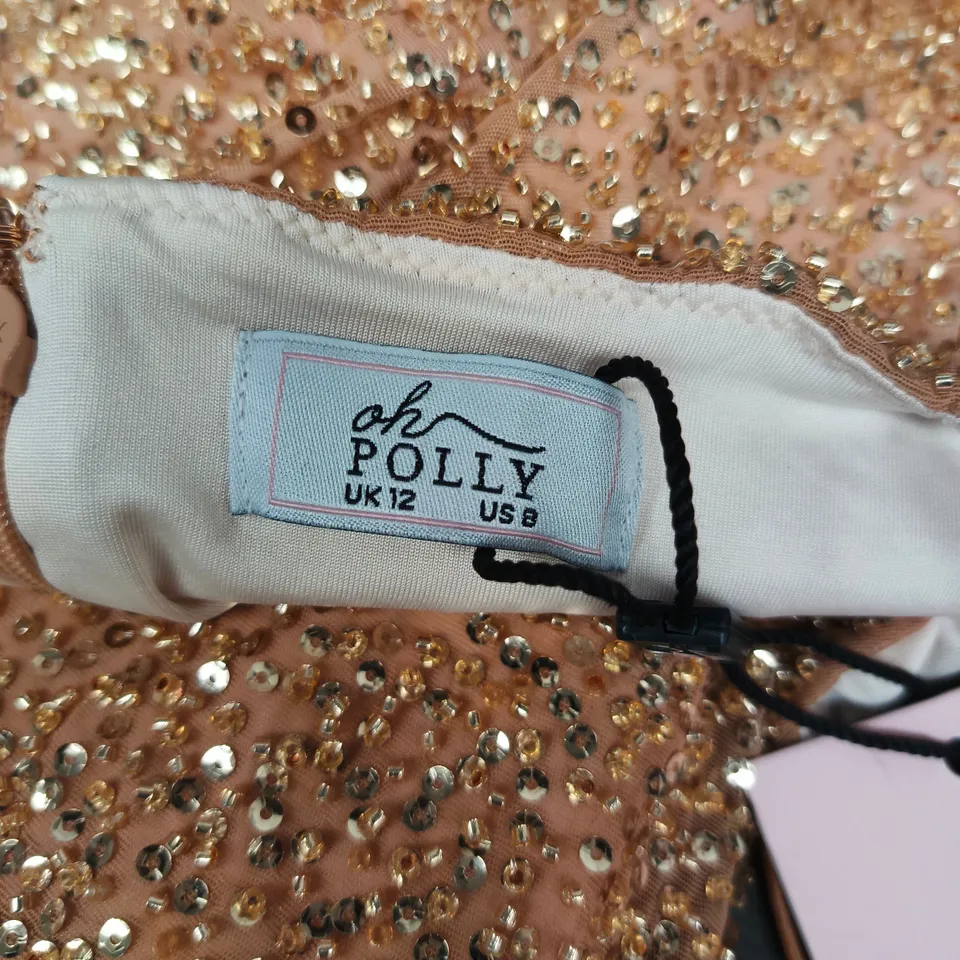 OH POLLY SEQUIN EVENING DRESS – PEACH/GOLD, UK 12