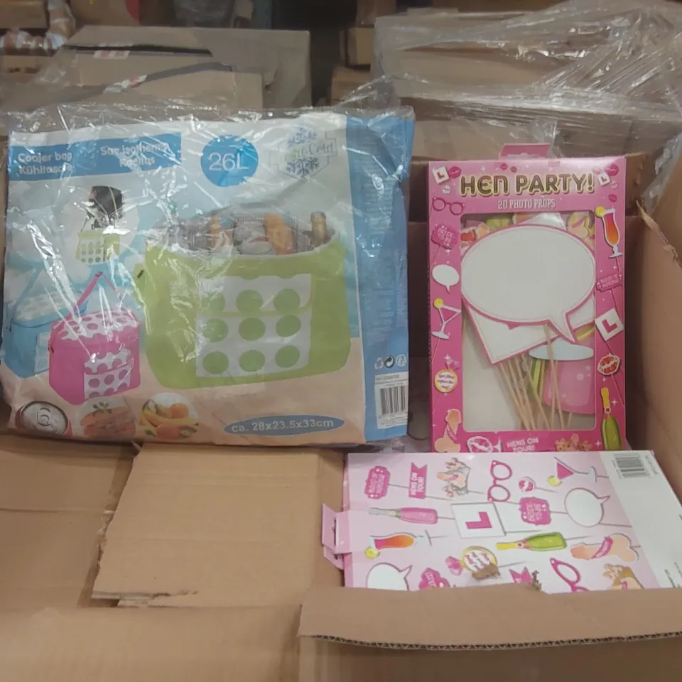 PALLET TO CONTAINING A VERY LARGE QUANTITY OF ASSORTED ITEMS INCLUDING: COOLER BAGS, HEN PARTY PHOTO PROPS, TOILET SEATS, COAT HANGERS ECT
