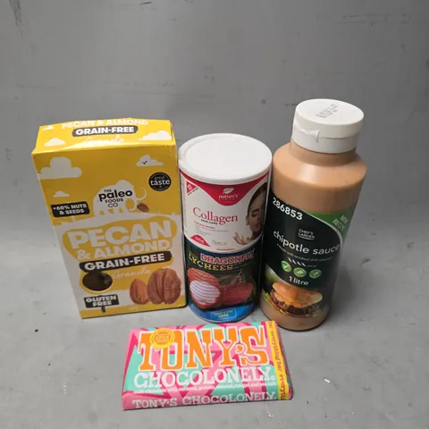 APPROXIMATELY 7 ASSORTED FOOD & DRINK ITEMS TO INCLUDE -CHIPOTLE SAUCE , TONY CHOCOLATE BAR ETC