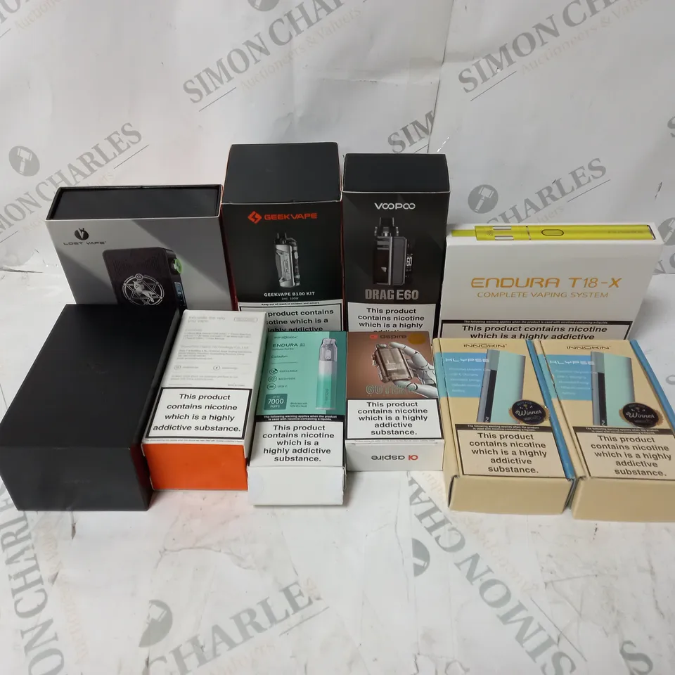 BOX OF APPROXIMATELY 10 ASSORTED E-CIG PRODUCTS TO INCLUDE GEEKVAPE, INNOKIN, ASPIRE 