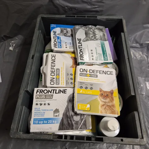 BOX OF APPROXIMATELY 15 ASSORTED PET ITEMS TO INCLUDE - FLEA TICKS , DOG CHEWS , DOG SUNSCREEN , ETC