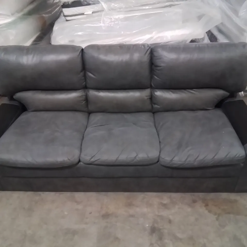 QUALITY DESIGNER 3 SEATER FABRIC UPHOLSTERED SOFA -DARK GREY- (CUSHION ARMS MISSING)