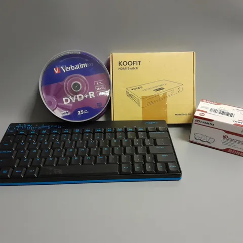 5 ASSORTED PRODUCTS TO INCLUDE HDMI SWITCH, HD CAMERA, MECHANICAL KEYBOARD, DVD+R SPINDLE