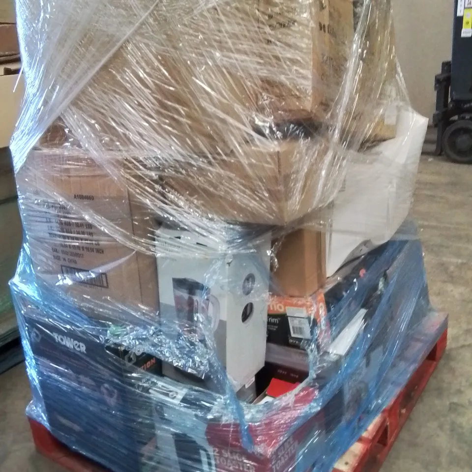 PALLET OF ELECTRICAL ITEMS AND HOUSEHOLD GOODS TO INCLUDE;MICROWAVE,LAWN MOWER,GRILL,TV