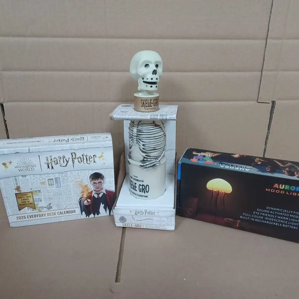 3 ASSORTED ITEMS TO INCLUDE HARRY POTTER 2025 DESK CALENDAR, HARRY POTTER SKELE-GRO, AURORA MOOD LIGHT