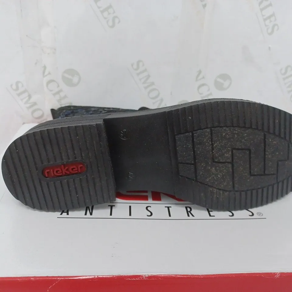 BOXED PAIR OF RIEKER LACE UP BOOTS IN NAVY SIZE 8 