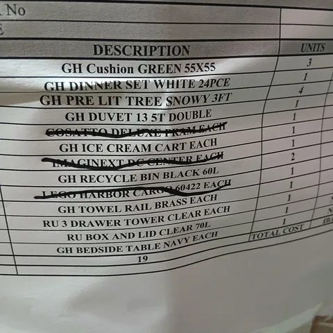 PALLET OF APPROXIMATELY 16 ASSORTED PRODUCTS TO INCLUDE; CUSHION GREEN, DINNER SET, KIDS ICE CREAM CART, TOWEL RAIL, 3 DRAWER TOWER, BOX AND LID CLEAR AND BEDSIDE TABLE