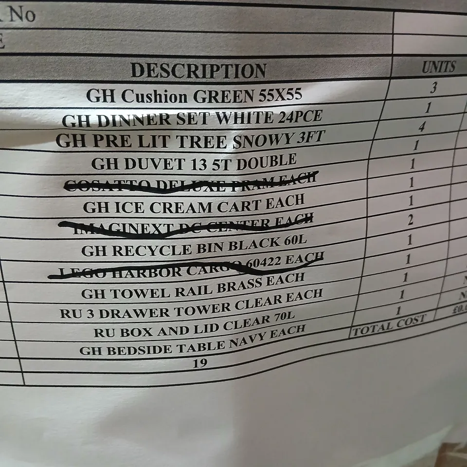 PALLET OF APPROXIMATELY 16 ASSORTED PRODUCTS TO INCLUDE; CUSHION GREEN, DINNER SET, KIDS ICE CREAM CART, TOWEL RAIL, 3 DRAWER TOWER, BOX AND LID CLEAR AND BEDSIDE TABLE