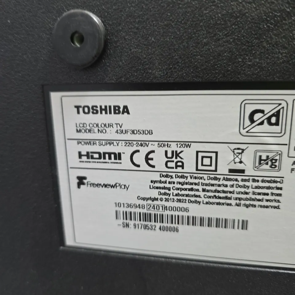 TOSHIBA LCD COLOUR TV – MODEL 43UF3D53DB