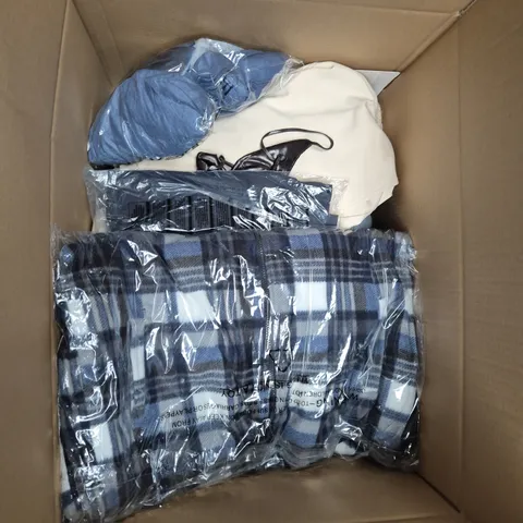 LARGE BOX OF APPROXIMATELY 20 ASSORTED CLOTHING ITEMS IN VARIOUS SIZES, STYLES AND COLOUR