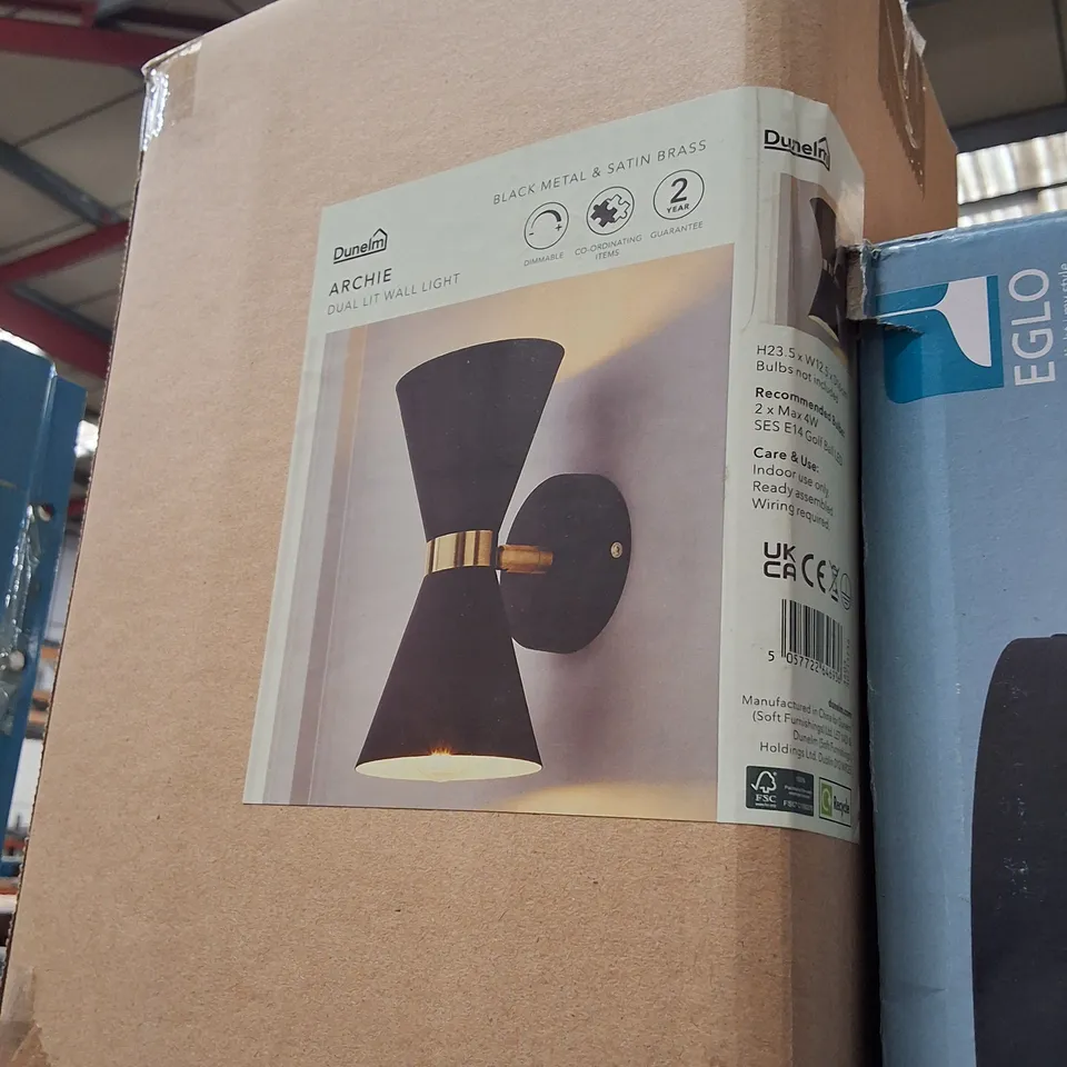 BOXED DUNELM ARCHIE DUAL-LIT WALL LIGHT BLACK METAL AND SATIN BRASS