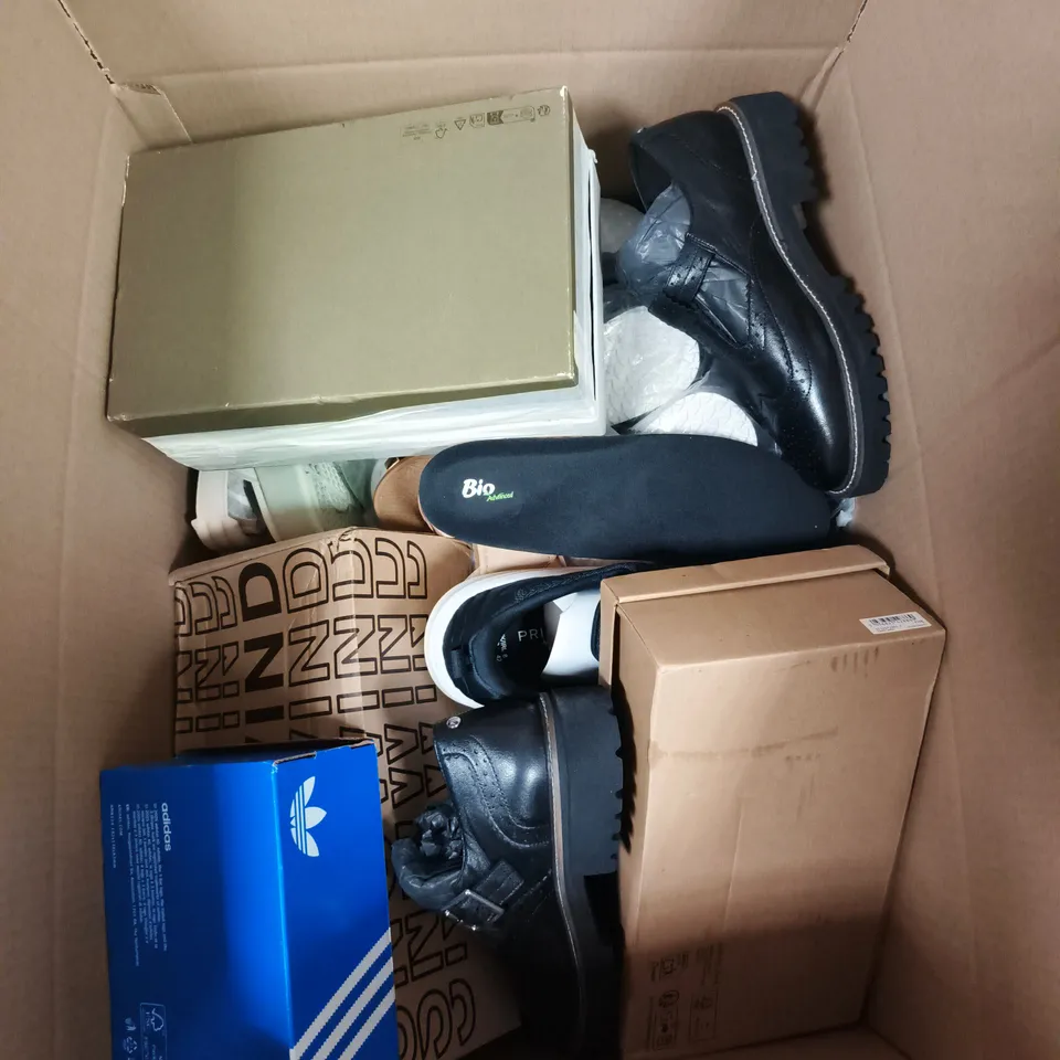 BOX OF APPROXIMATELY 10 PAIRS OF ASSORTED SHOES IN VARIOUS COLOUR, STYLES AND SIZES
