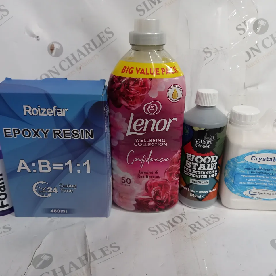 BOX OF APPROX 6 ASSORTED LIQUIDS TO INCLUDE - ROIZEFAR EPOXY RESIN - LENOR JASMINE & BERRY - WOOD STAIN ECT
