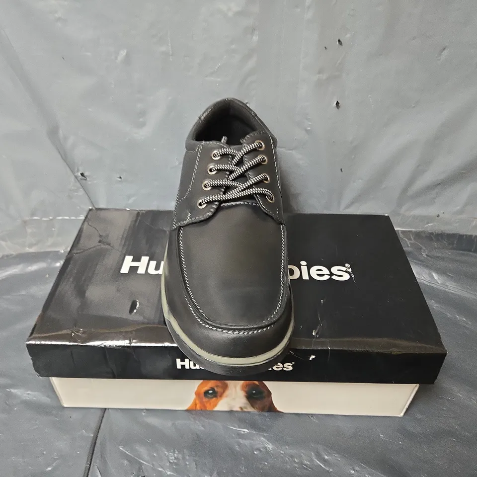 BOXED PAIR OF HUSH PUPPIES TUCKER SHOES IN BLACK - UK 10