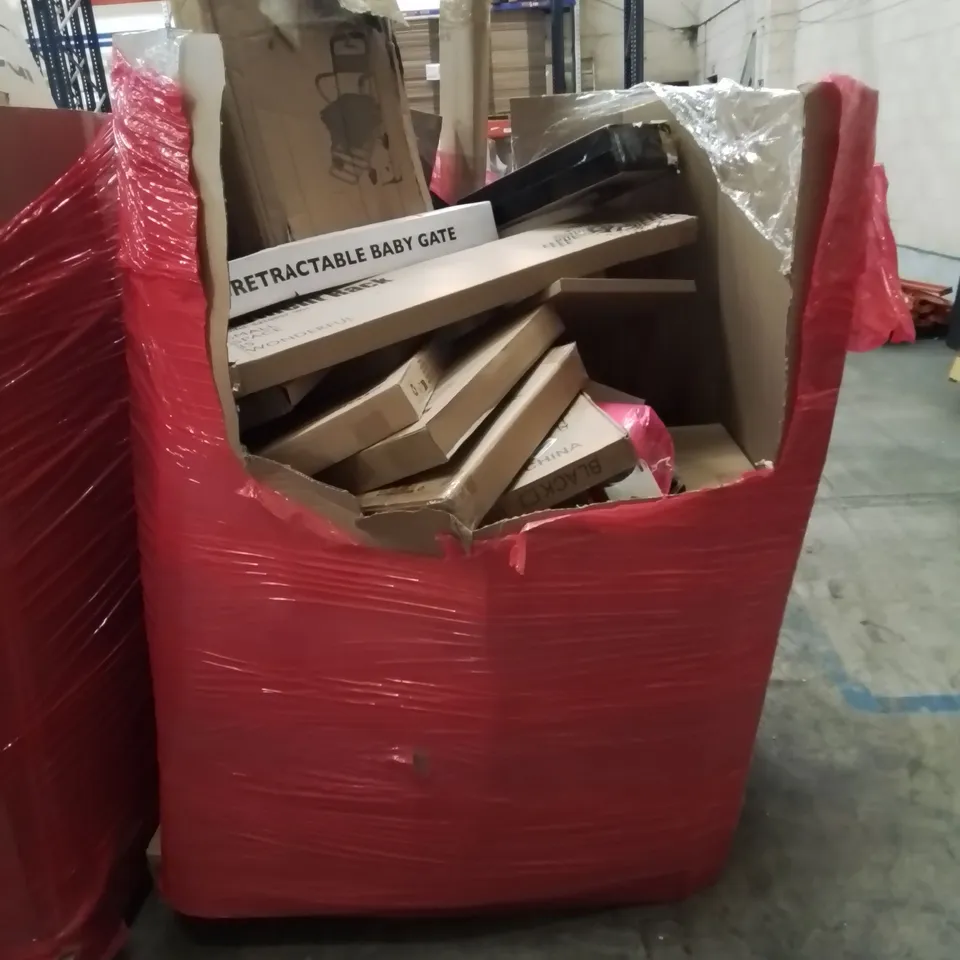 PALLET OF HOUSEHOLD ITEMS AND CONSUMER GOODS TO INCLUDE: RETRACTABLE BABY GATE, MOSQUITO TRAP,GARMENT WRACK,IRONING BOARD ETC.