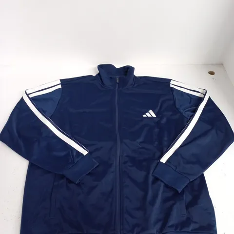 ADIDAS NAVY BLUE TRACK JACKET WITH WHITE STRIPES – ZIP FRONT, UK XL