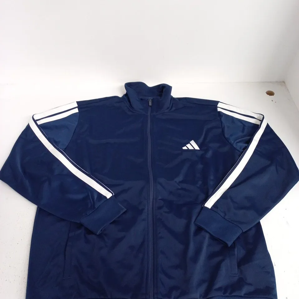 ADIDAS NAVY BLUE TRACK JACKET WITH WHITE STRIPES – ZIP FRONT, UK XL