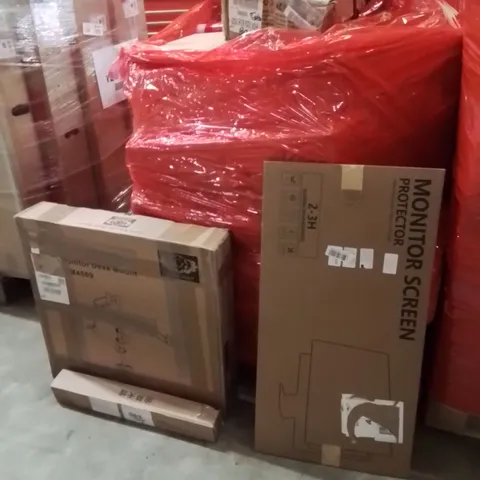 PALLET OF ASSORTED HOUSEHOLD GOODS AND PRODUCTS TO INCLUDE;DUAL MONITOR DESK MOUNT,PRIVACY SCREEN,SLIMLINE HEATER