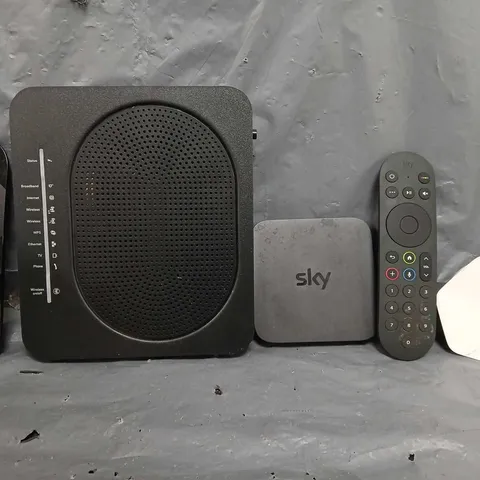 BOX OF APPROXIMATELY 12 ASSORTED ITEMS TO INCLUDE - SKY REMOTE , SKY BOX , VIRGIN MEDI WALL PLUG ETC