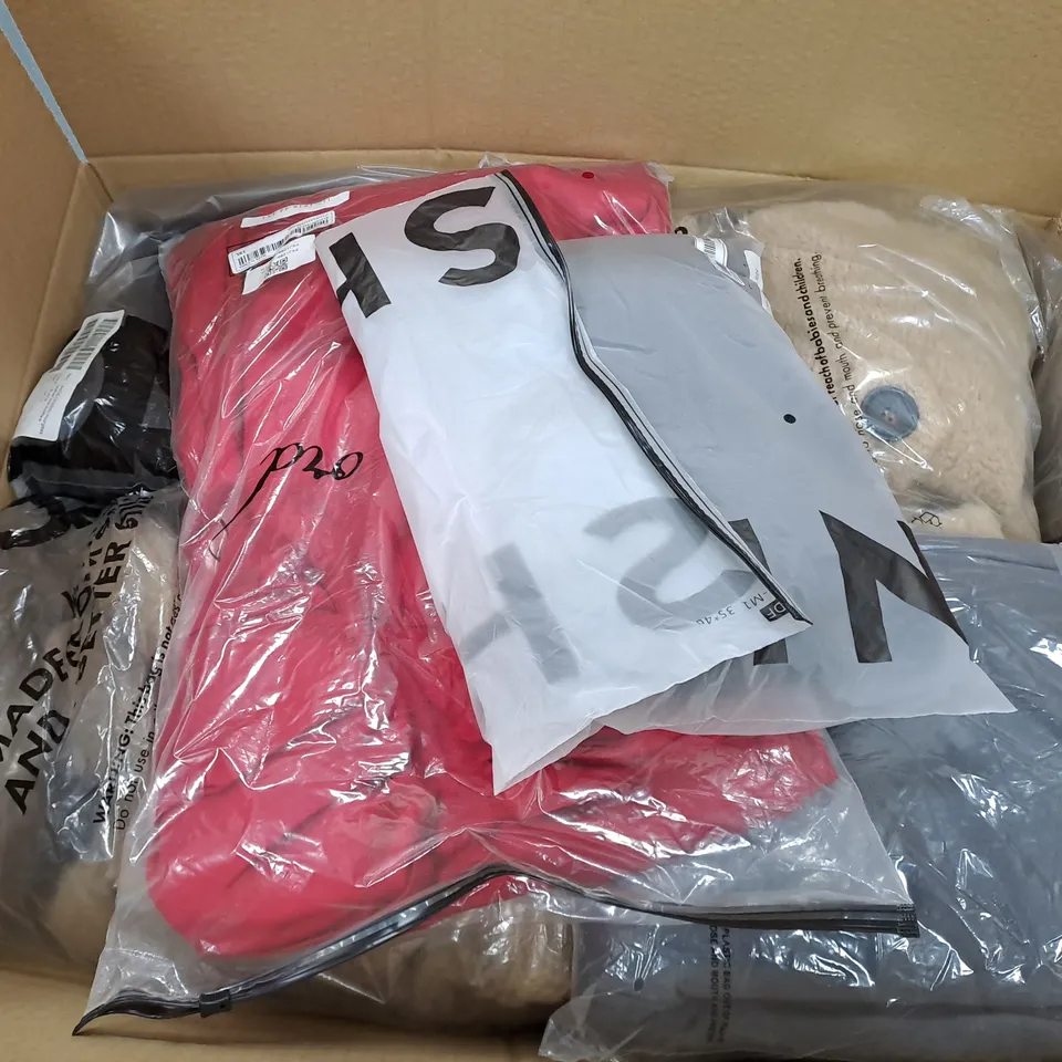 BOX OF ASSORTED CLOTHING ITEMS TOO INCLUDE JUMPERS, SHIRTS AND TROUSERS IN VARIOUS SIZES AND COLOURS   