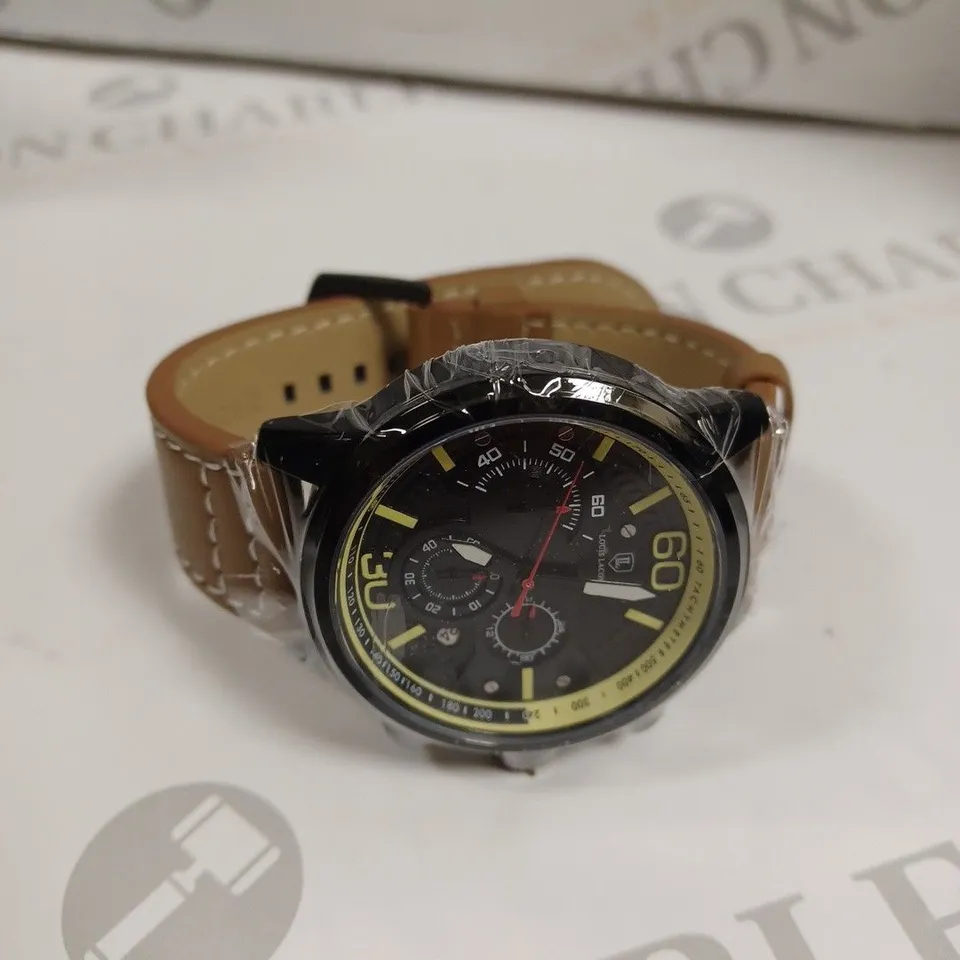 MENS LOUIS LACOMBE CHRONGRAPH WATCH – 3 SUB DIALS – BLACK CASE – LEATHER STRAP