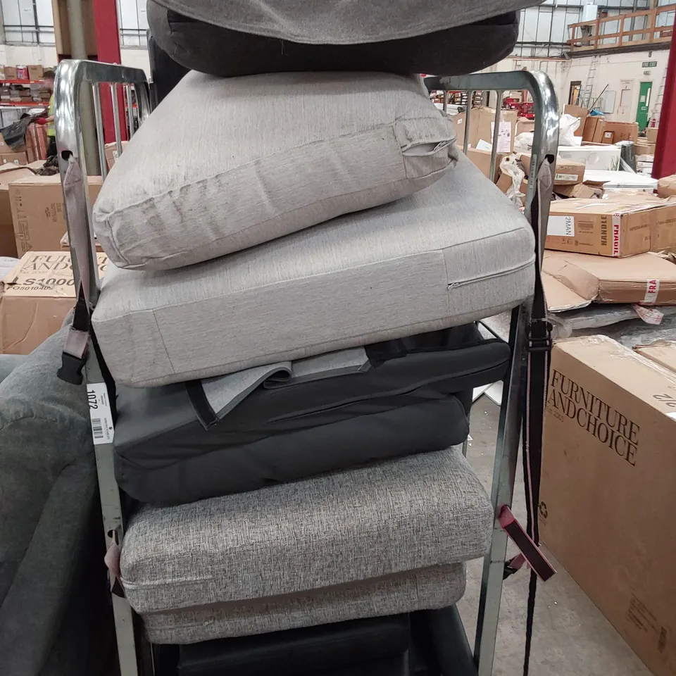 CAGE OF ASSORTED SEAT CUSHIONS, UPHOLSTERED BACK SECTIONS, BACK END CUSHIONS