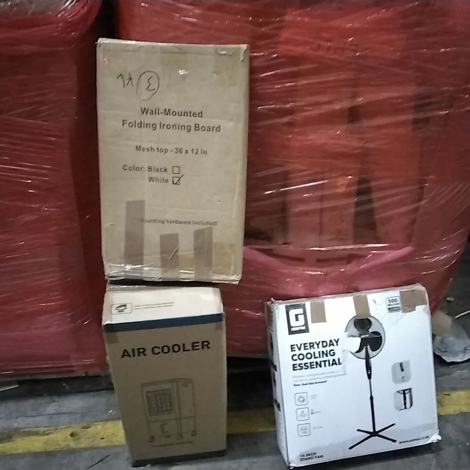 PALLET OF ASSORTED PRODUCTS AND HOUSEHOLD GOODS TO INCLUDE;WALL MOUNTED FOLDING IRONING BOARD,AIR COOLER,FAN