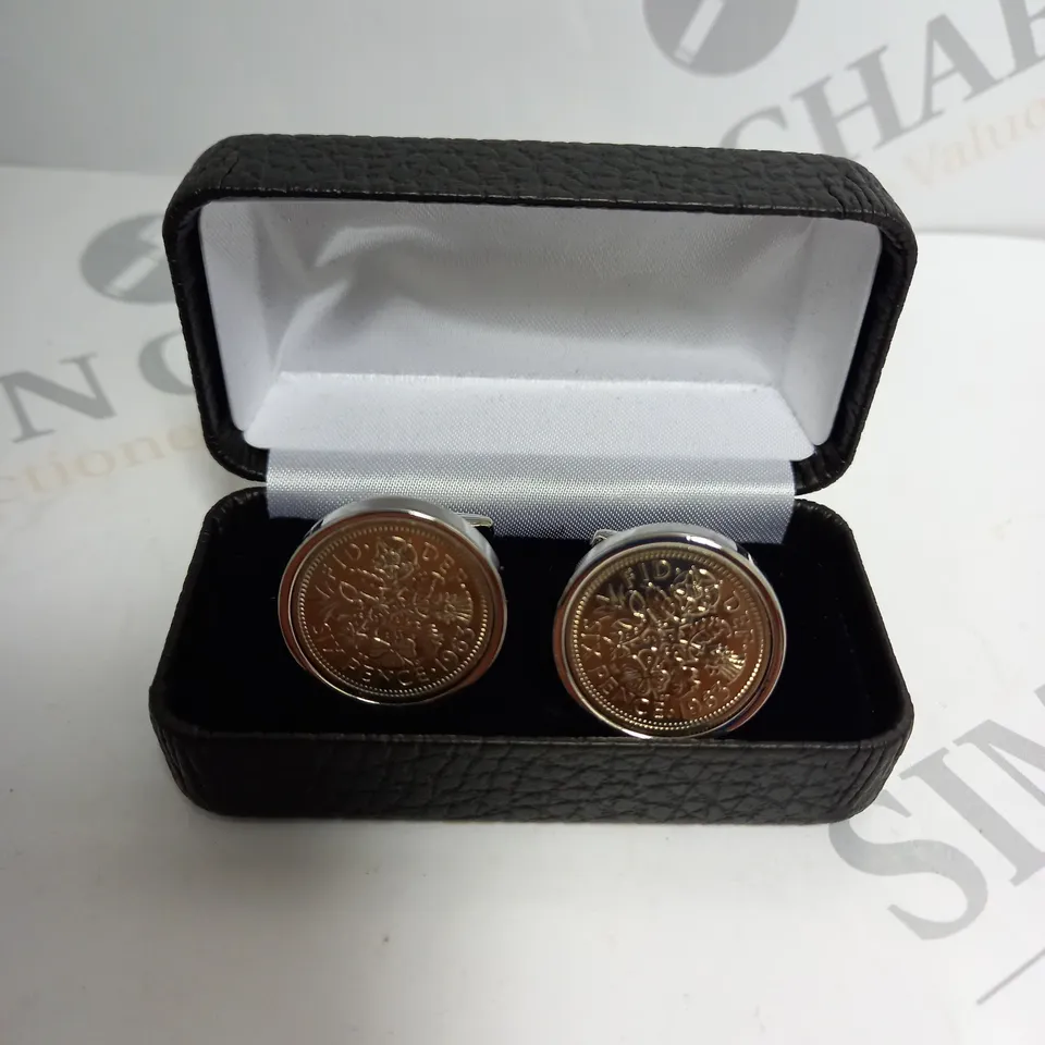 BOXED SIX PENCE SILVER STYLE CUFFLINKS 