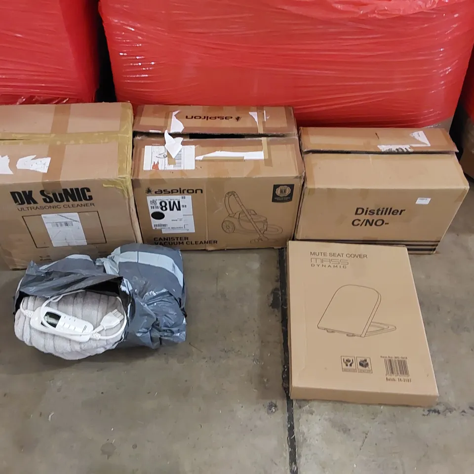 PALLET OF ASSORTED ITEMS INCLUDING: ULTRASONIC CLEANER, CANISTER VACUUM CLEANER, WATER DISTILLER, ELECTRIC BLANKET, TOILET SEAT