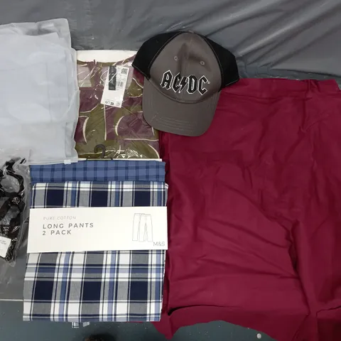 APPROXIMATELY 25 ASSORTED CLOTHING ITEMS IN VARIOUS SIZES TO INCLUDE HATS, PANT, TOPS, ETC