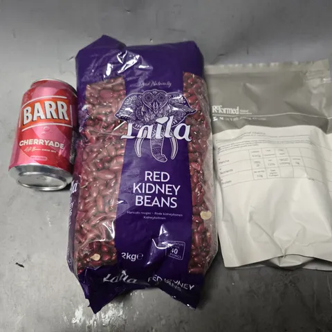 APPROXIMATELY 15 ASSORTED FOOD & DRINK ITEMS TO INCLUDE - RED KIDNEY BEANS , BARR CHERRYADE , REFORMED MATCHA 