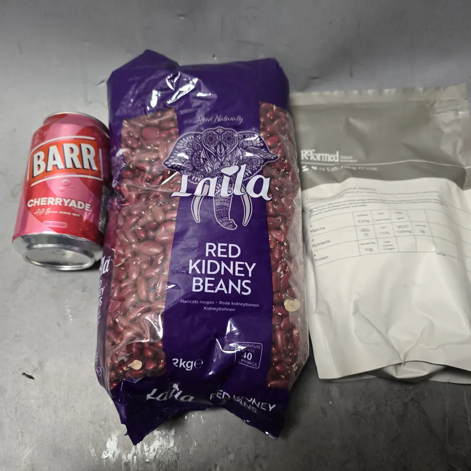 APPROXIMATELY 15 ASSORTED FOOD & DRINK ITEMS TO INCLUDE - RED KIDNEY BEANS , BARR CHERRYADE , REFORMED MATCHA 