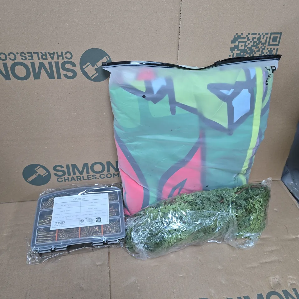 APPROXIMATELY 15 ASSORTED HOUSEHOLD PRODUCTS TO INCLUDE DUVET COVER SET, SCREW SET, FAUX FOLIAGE DECOR, ETC