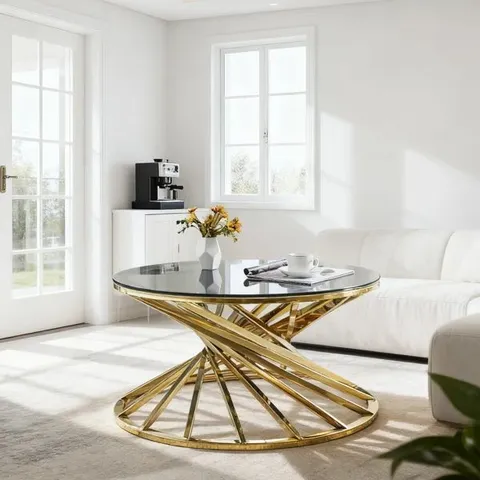 BOXED PEDESTAL 80cm ROUND GLASS COFFEE TABLE FOR STAINLESS STEEL SPIRAL FRAME - GOLD (1 BOX)