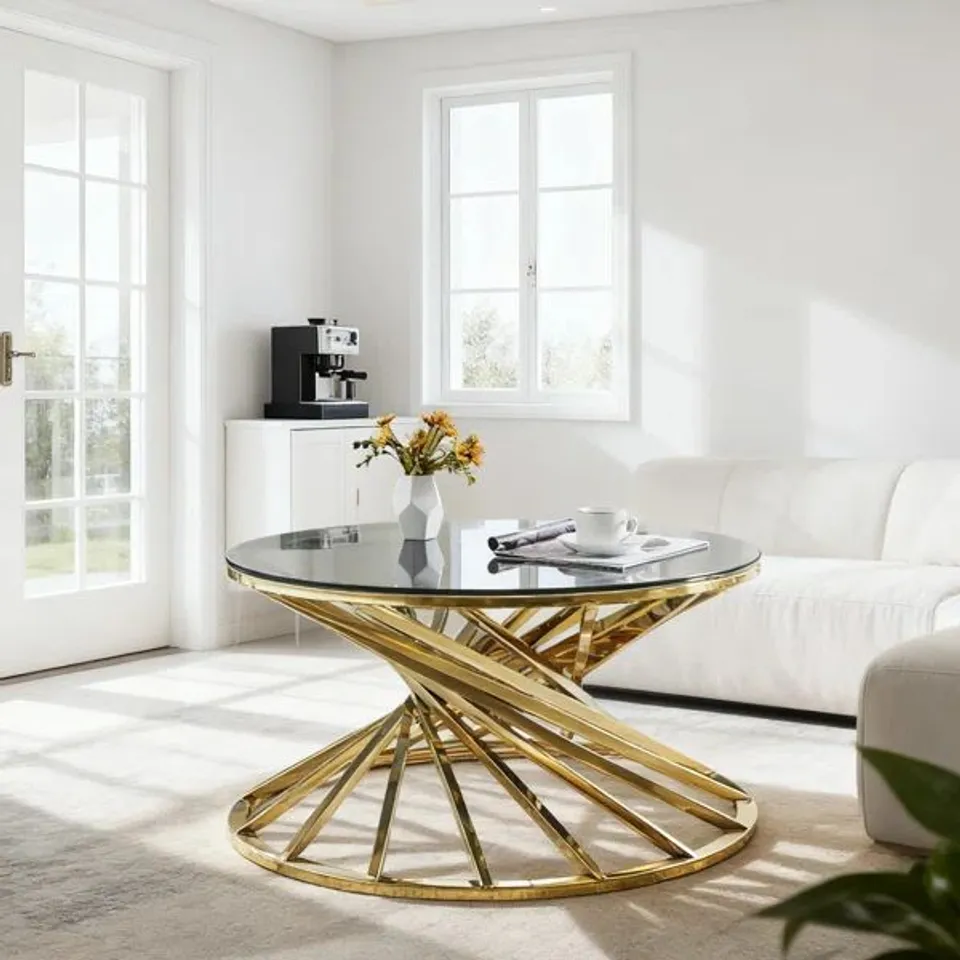 BOXED PEDESTAL 80cm ROUND GLASS COFFEE TABLE FOR STAINLESS STEEL SPIRAL FRAME - GOLD (1 BOX)