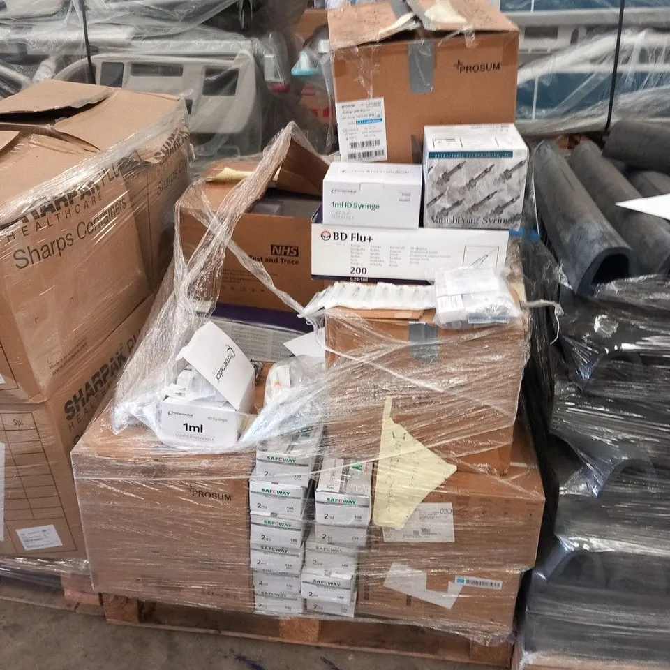 PALLET OF ASSORTED MEDICAL SUPPLIES TO INCLUDE; STANDARD ANAPHYLAXIS KIT, VANISH POINT SYRINGES, BD FLU+ SYRINGES AND FRONTIER MEDICAL SINGLE USE SYRINGES