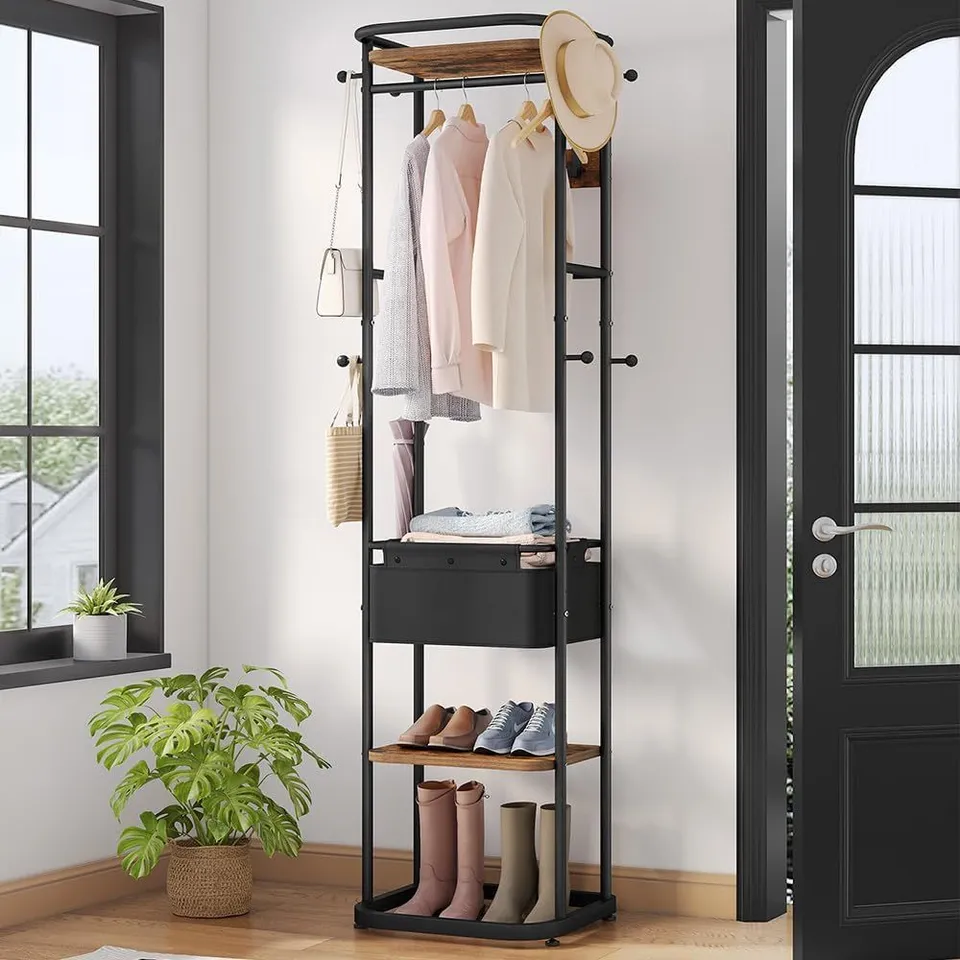 BOXED HZUANERI COAT STAND, WOODEN COAT RACK WITH 3 SHELVES AND 11 HOOKS (1 BOX)