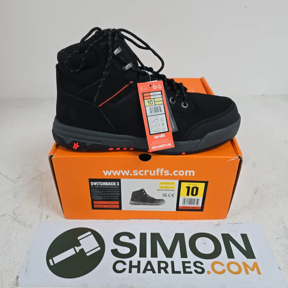 BOXED PAIR OF SCRUFFS SWITCHBACK 3 SR RATED SAFETY BOOTS IN BLACK - UK 10