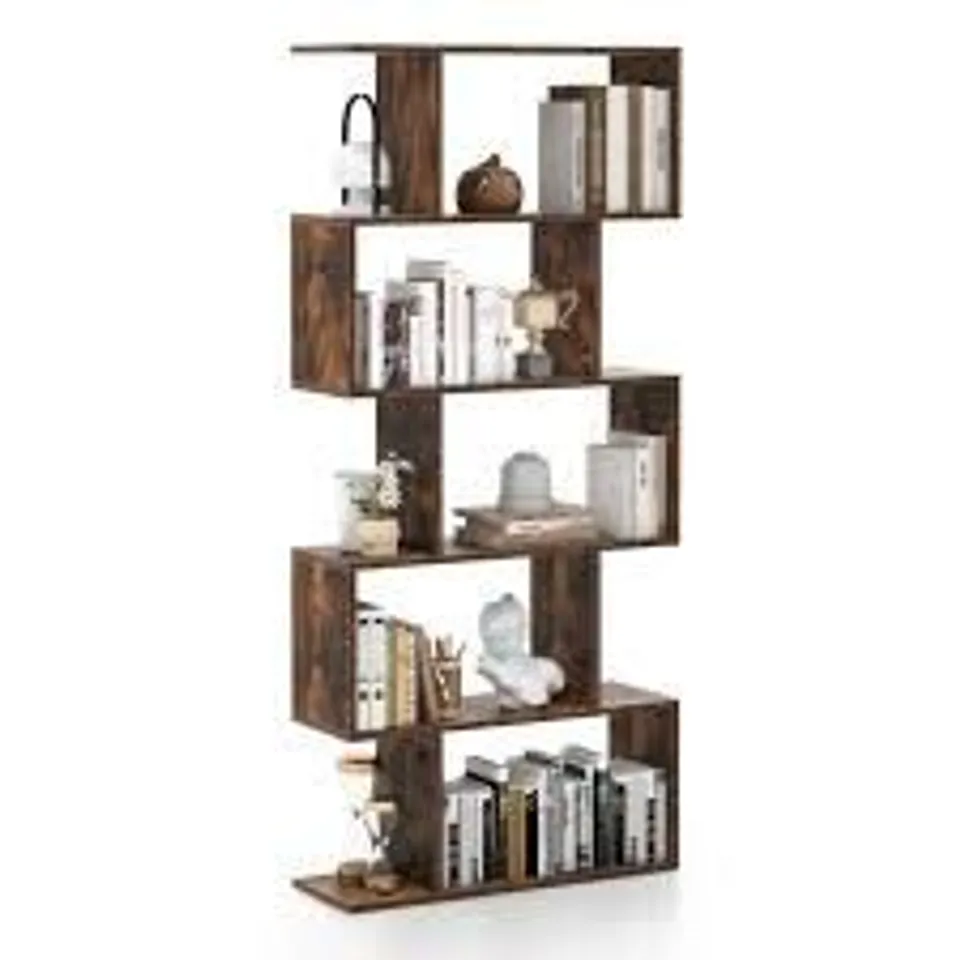 BOXED COSTWAY GEOMETRIC S-SHAPED BOOKCASE WITH ANTI-TOPPLING DEVICE FOR LIVING ROOM HOME OFFICE - BROWN