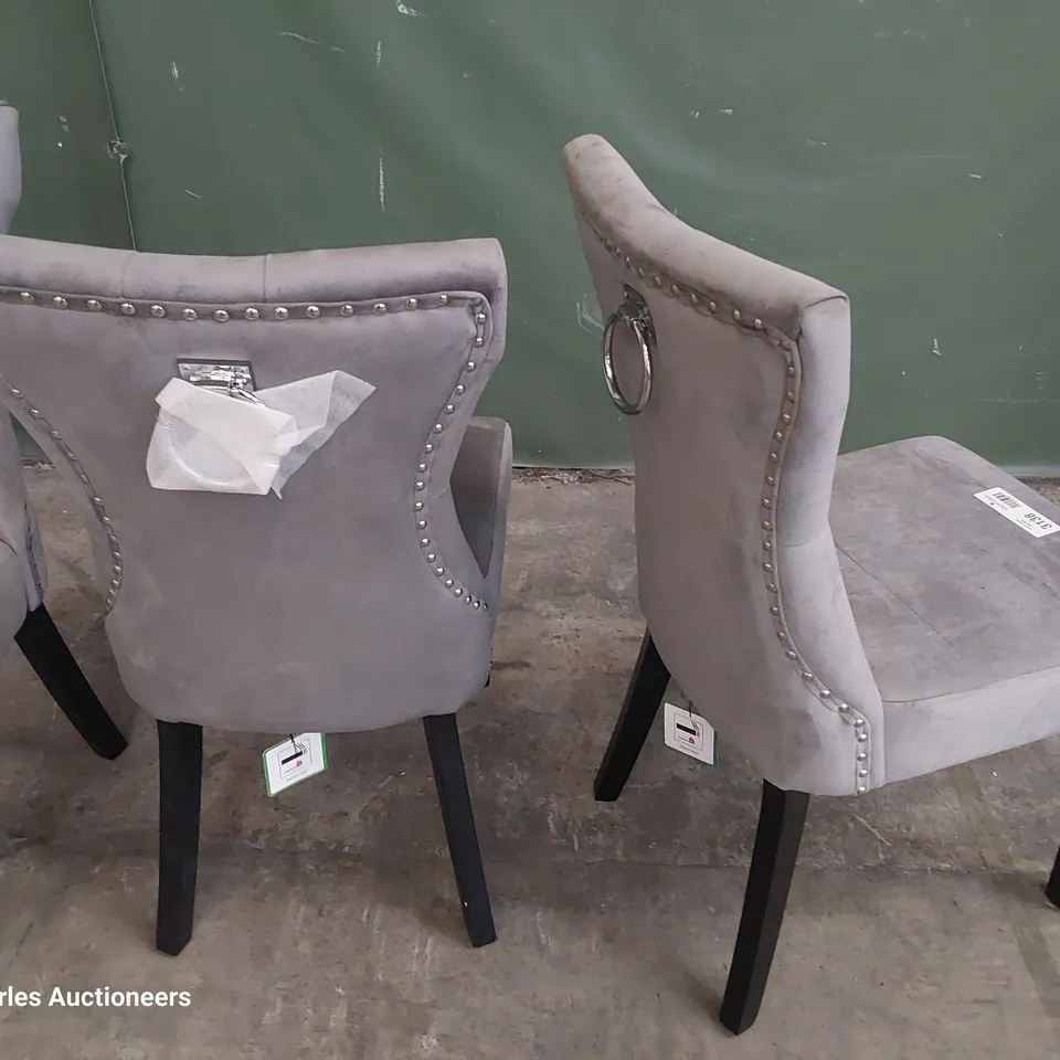SET OF FOUR UPHOLSTERED BUTTONED RING BACK DINING CHAIRS GREY PLUSH FABRIC ON BLACK PAINTED LEGS 