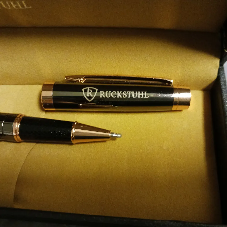 RUCKSTUHL BLACK & ROSE GOLD COLOURED STAINLESS STEEL LUXURY PEN IN GIFT BOX