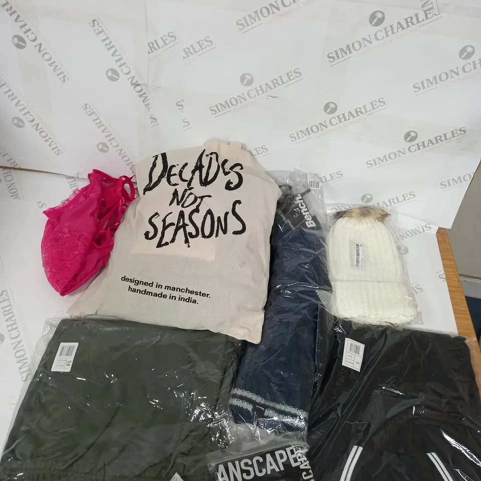 LARGE BOX OF ASSORTED CLOTHING ITEMS IN VARIOUS COLOURS AND SIZES INCLUDING TROUSERS , TOPS AND JUMPERS 