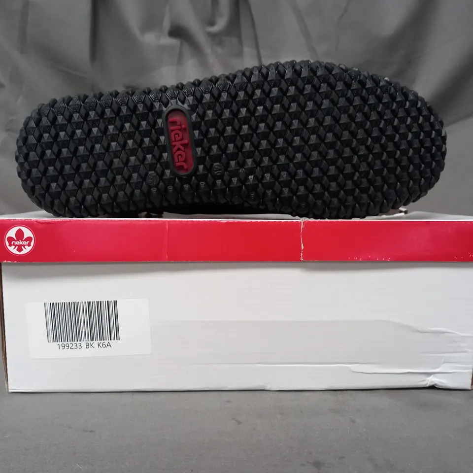 BOXED PAIR OF RIEKER WATER RESISTANT BOOTS IN BLACK SIZE 6.5
