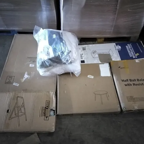 PALLET OF ASSORTED ITEMS INCLUDING PORTNEER HALF BALL BALANCE TRAINER WITH RESISTANCE BANDS, ALPURLAD STEP LADDER, FABIAN CLARKE PHOTO FRAMES, BAAB CUBE STORAGE ORGANISER, STOOL, HOMIDEC