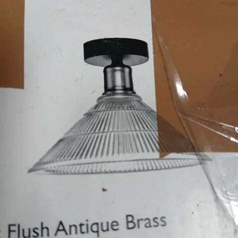 BOXED DAR BOYD 1 LIGHT FLUSH ANTIQUE BRASS WITH GLASS SHADE