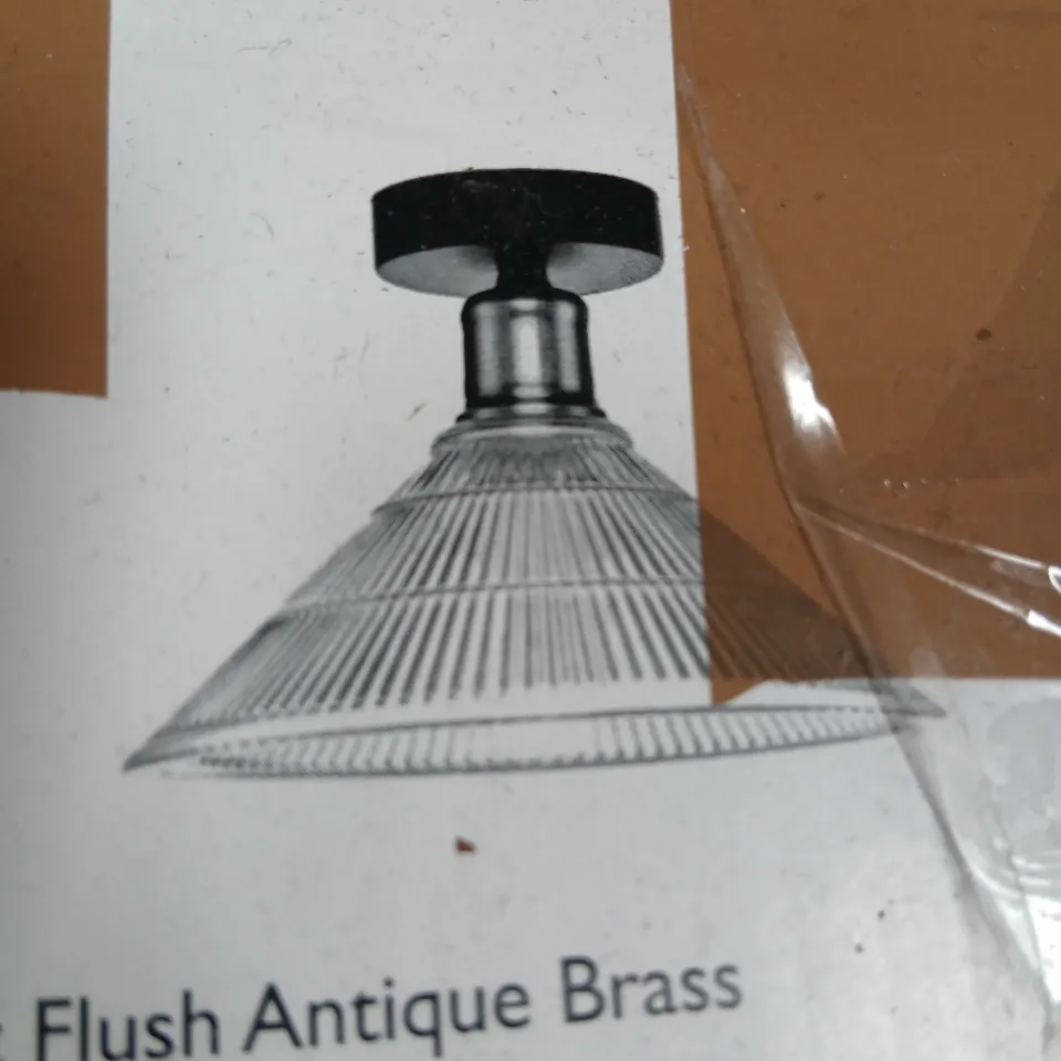 BOXED DAR BOYD 1 LIGHT FLUSH ANTIQUE BRASS WITH GLASS SHADE