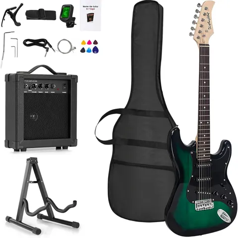 DISPLAY4TOP FULL-SIZE ELECTRIC GUITAR MOST COMPLETE BEGINNER SUPER KIT PACKAGE WITH AMPLIFIER, GUITAR STAND, BAG, GUITAR PICK, STRAP,SPARE STRINGS, TUNER, CASE AND CABLE (GREEN)