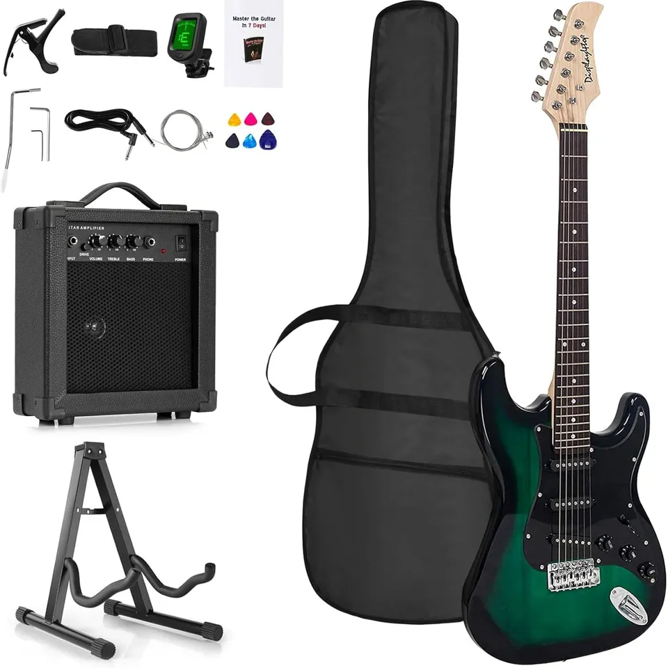 DISPLAY4TOP FULL-SIZE ELECTRIC GUITAR MOST COMPLETE BEGINNER SUPER KIT PACKAGE WITH AMPLIFIER, GUITAR STAND, BAG, GUITAR PICK, STRAP,SPARE STRINGS, TUNER, CASE AND CABLE (GREEN)